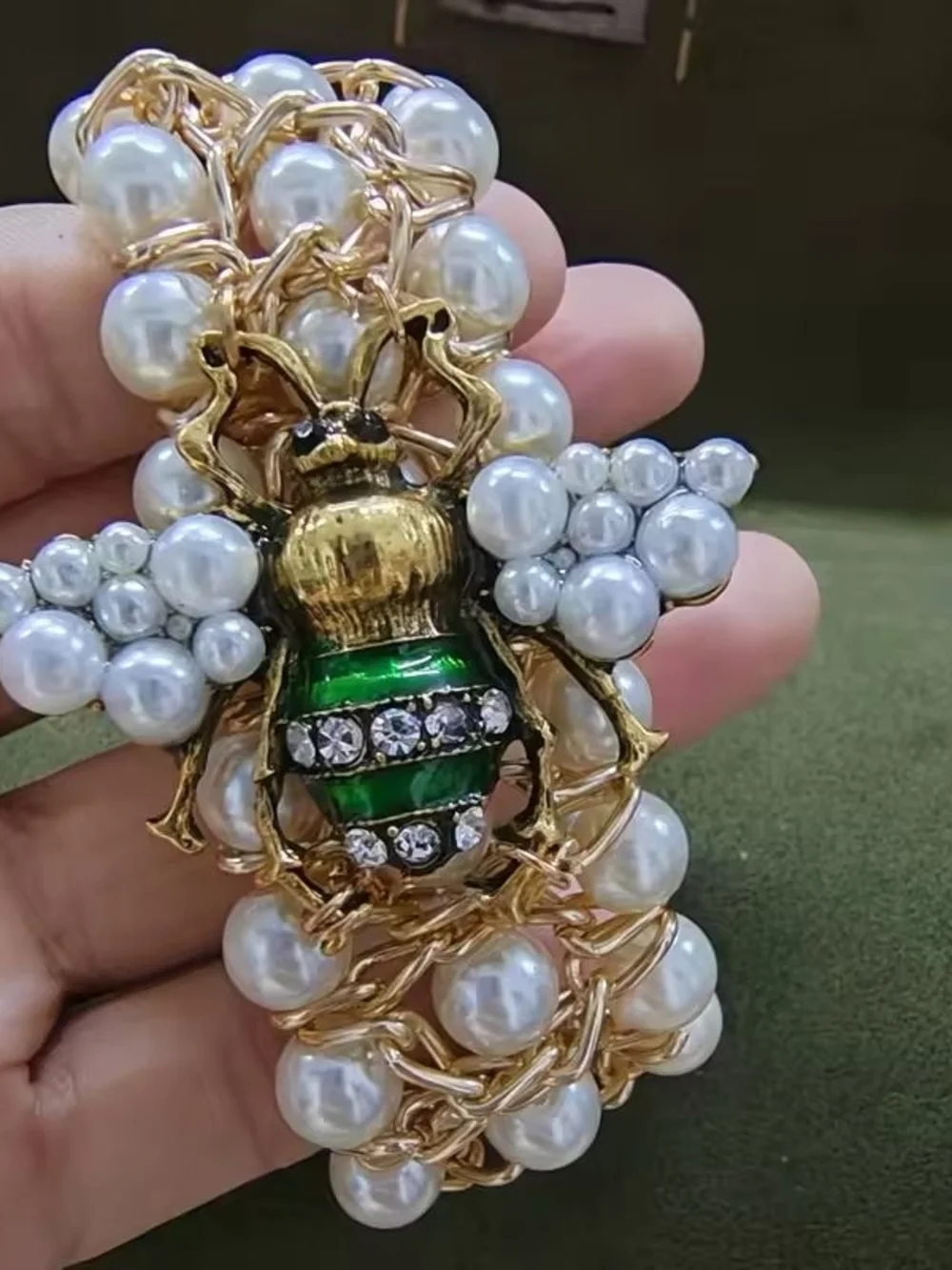 Gold Pearl Bracelet with Green Bee Charm - Picture 3 of 4